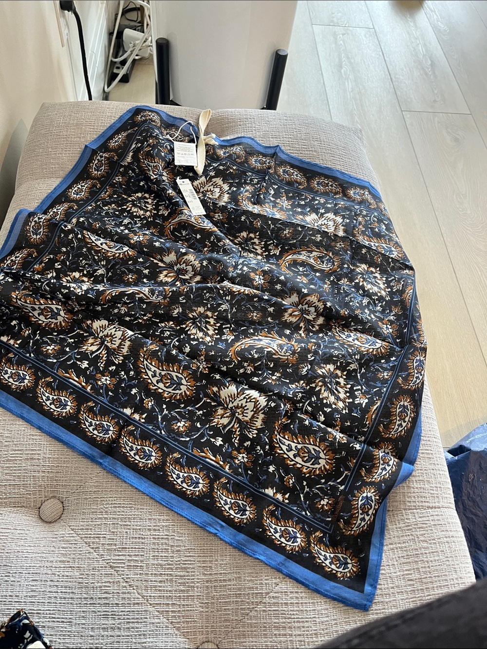 Womens Black Floral Paisley Scarf Bandana with Blue Trim